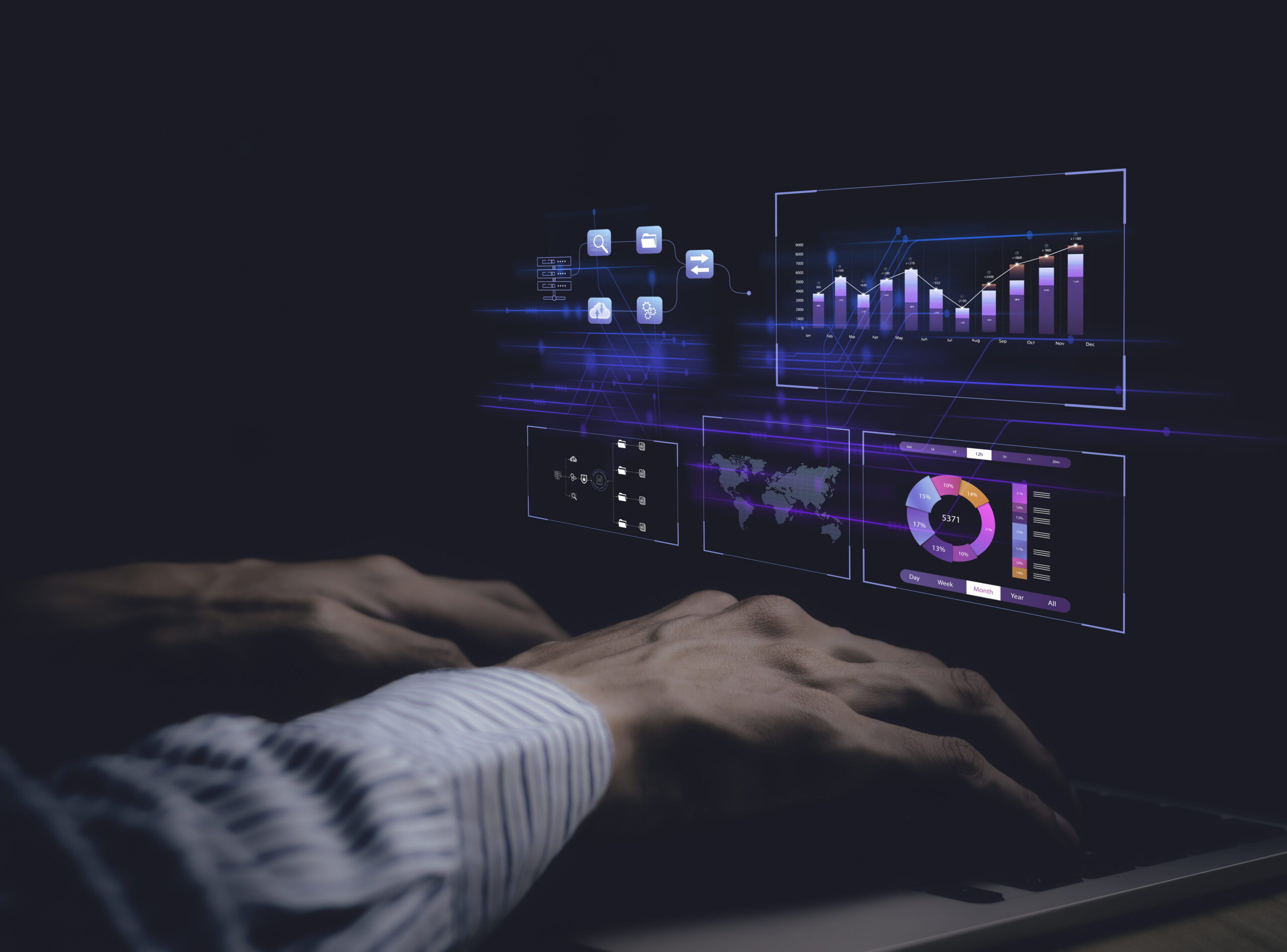 businessman working with business Analytics and Data Management System on computer, online document management and metrics connected to database. Corporate strategy for finance, operations, sales.